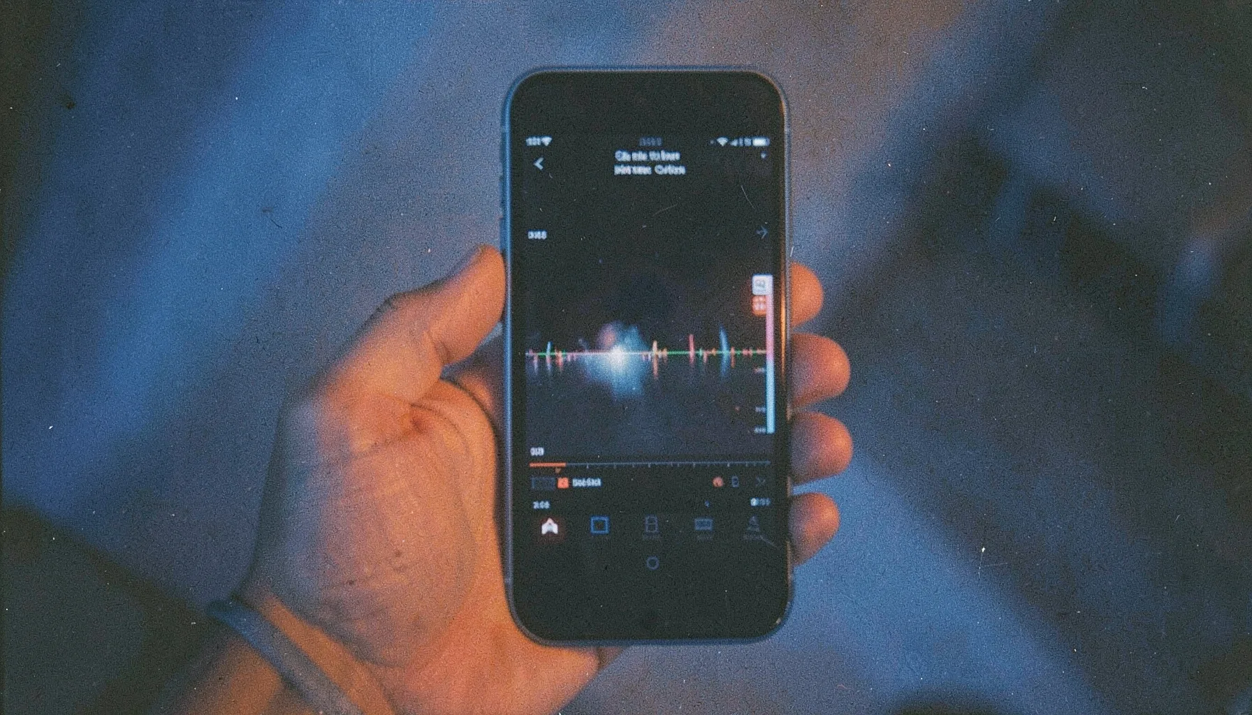 A grainy analog film photograph of a hand holding a smartphone displaying a stabilized video timeline, soft navy blue lighting with warm orange highlights