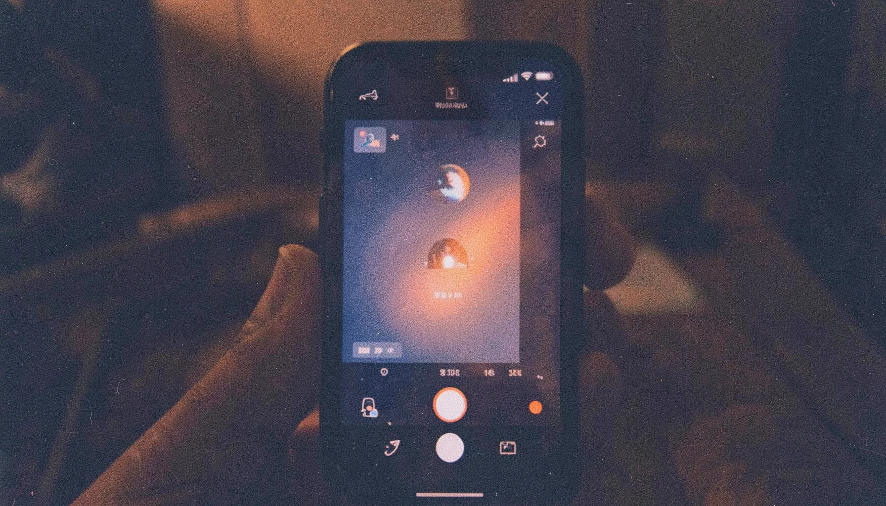A grainy analog film photograph of a smartphone screen glowing with a camera app interface, deep navy and warm orange tones, quiet indoor mood